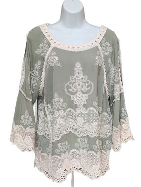 Democracy Embroidered Crochet Lace Boho Blouse Top 3/4 Bell Split Sleeve Green M